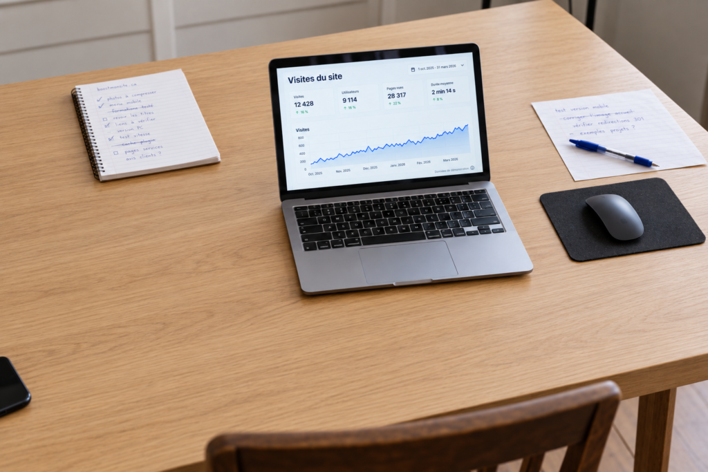 Ordinateur affichant des statistiques de visites de démonstration, avec carnet de notes sur un bureau