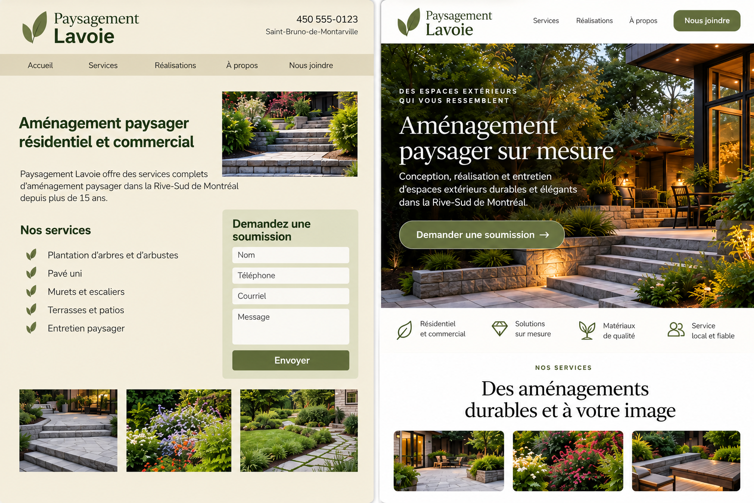 Démonstration fictive : site de paysagement avant à gauche, puis modernisé à droite