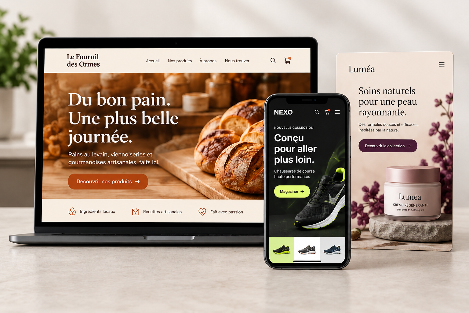 Démonstrations de sites de boulangerie, de sport et de soins sur ordinateur et mobile